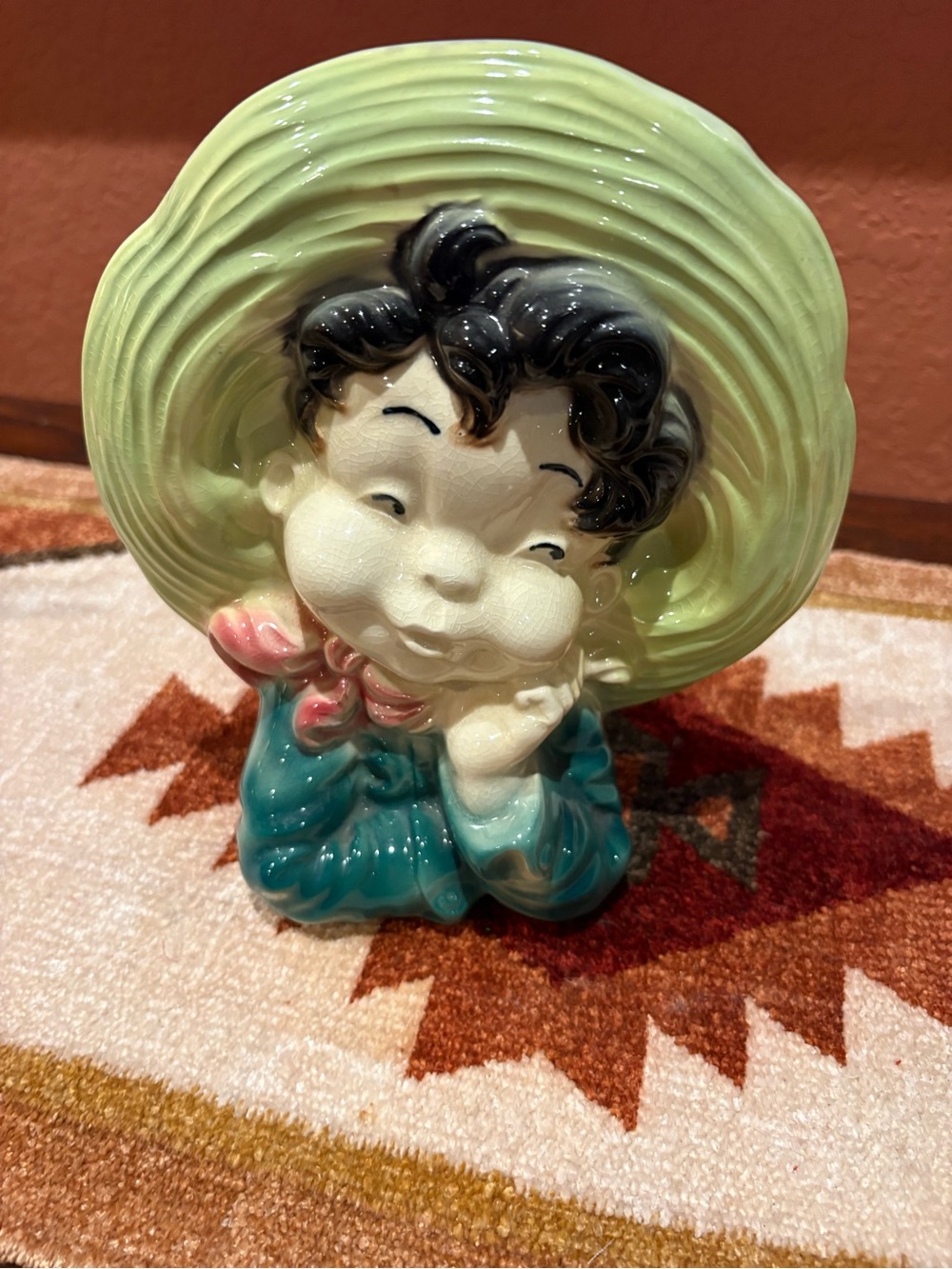 Cute Ceramic Girl Figurine with Green Hat and Teal Dress